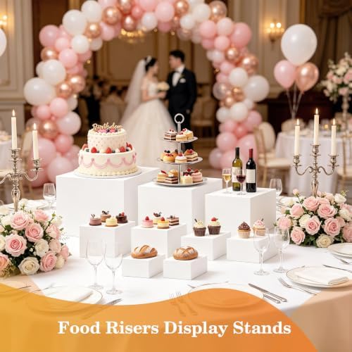 9Pcs White Buffet Risers with Mini Table Sign, Maker and Serving Tongs, Acrylic Food Display Stands for Buffet, alternate