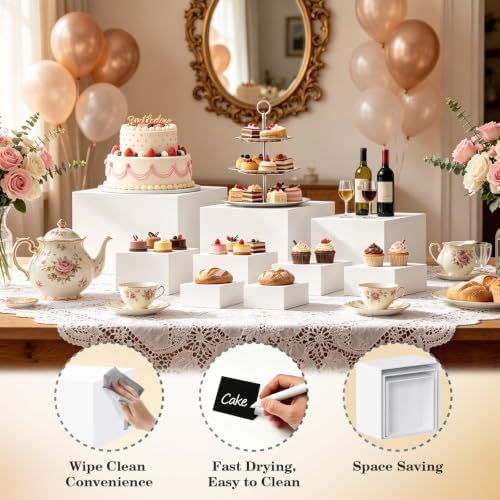 9Pcs White Buffet Risers with Mini Table Sign, Maker and Serving Tongs, Acrylic Food Display Stands for Buffet, alternate