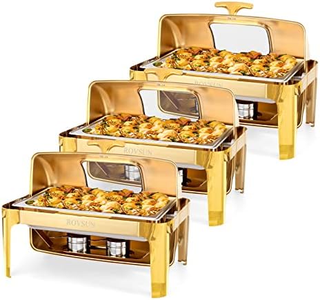 9QT 3 Pack Roll Top Chafing Dish Buffet Set, Rectangular NSF Stainless Steel Buffet Warmer Chafers with Thick