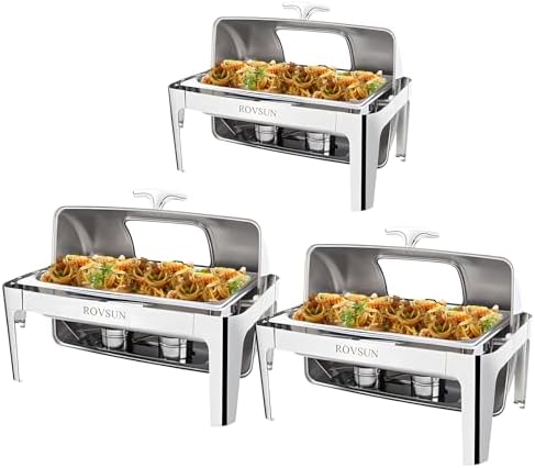9QT 3 Packs Roll Top Chafing Dish Buffet Set, Stainless Steel Chafers for Catering, Rectangular Buffet Servers