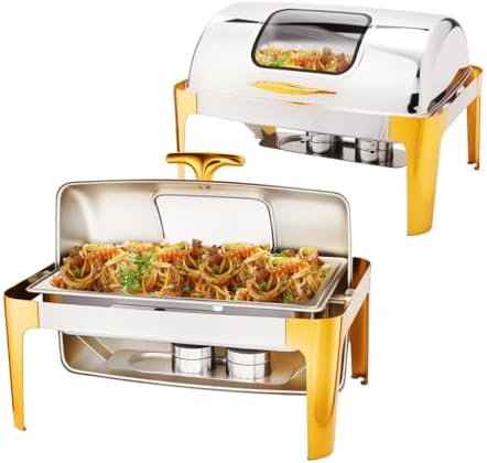 9QT Chafing Dishes for Buffet 2 Pack, Roll Top Chafing Dish Buffet Set with Glass Window [Elegant Gold and