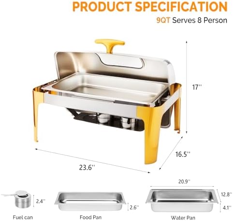 9QT Chafing Dishes for Buffet 2 Pack, Roll Top Chafing Dish Buffet Set with Glass Window [Elegant Gold and, alternate view 3