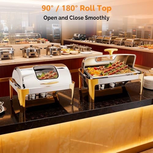 9QT Chafing Dishes for Buffet 2 Pack, Roll Top Chafing Dish Buffet Set with Glass Window [Elegant Gold and, alternate view 6