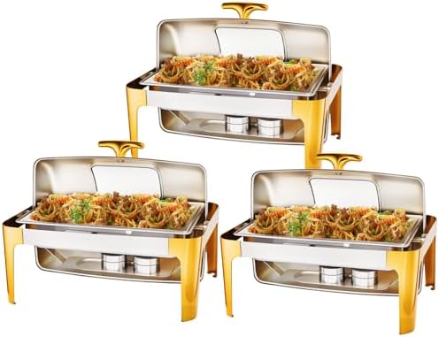 9QT Chafing Dishes for Buffet 3 Pack, Roll Top Chafing Dish Buffet Set with Glass Window [Elegant Gold and
