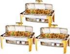9QT Chafing Dishes for Buffet 3 Pack, Roll Top Chafing Dish Buffet Set with Glass Window [Elegant Gold and