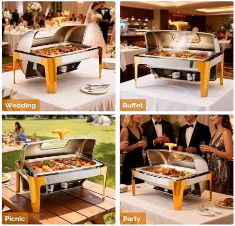 9QT Chafing Dishes for Buffet 3 Pack, Roll Top Chafing Dish Buffet Set with Glass Window [Elegant Gold and, alternate view 4