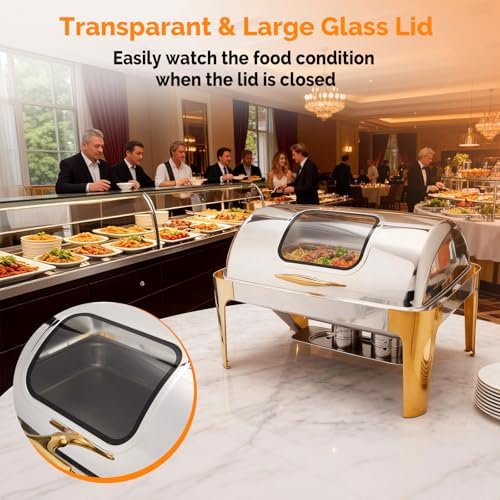 9QT Chafing Dishes for Buffet 3 Pack, Roll Top Chafing Dish Buffet Set with Glass Window [Elegant Gold and, alternate view 7