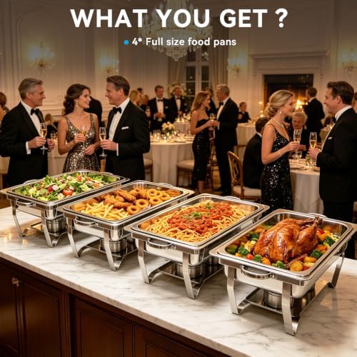 9QT Chafing Dishes for Buffet 4 Pack with 4 Full-Size Pans Silver in Silver-002, alternate view 2
