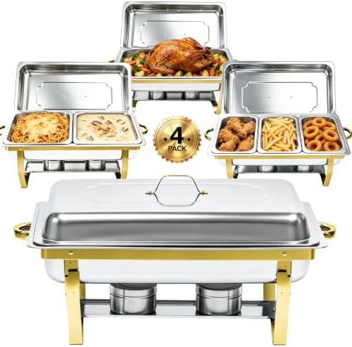 9QT Chafing Dishes for Buffet 4 Pack with 7 Multi-Size Food Pans in Silver + Golden