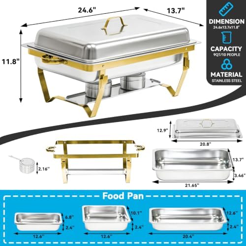 9QT Chafing Dishes for Buffet 4 Pack with 7 Multi-Size Food Pans in Silver + Golden, alternate view 2