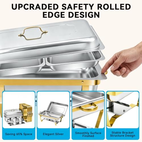 9QT Chafing Dishes for Buffet 4 Pack with 7 Multi-Size Food Pans in Silver + Golden, alternate view 5
