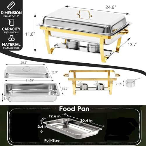 9Qt Chafing Dishes for Buffet, Gold Stainless Steel Chafing Dish Sets, Food Warmers for Parties, Buffet Servers, alternate