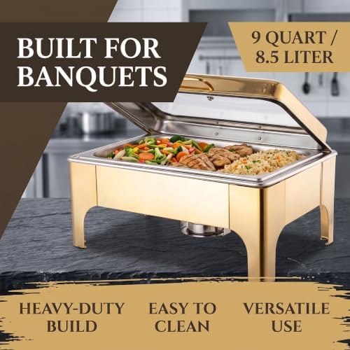 9QT Chafing Dishes for Buffet, Stainless Steel Catering Supplies Buffet Display with Glass Lid & Hydraulic, alternate view 4