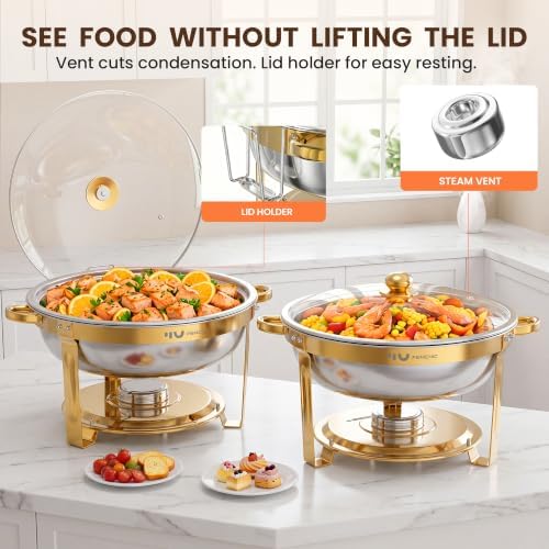 9QT Gold Chafing Dishes for Buffet, 2 Pack Round Chafer Set in Gold, alternate view 5