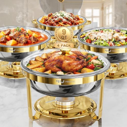 9QT Gold Chafing Dishes for Buffet, 4 Pack Round Chafer Set in Gold