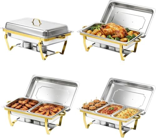 9QT Gold Rectangular Chafing Dishes Buffet, 7 Multi-Size Food Pan, 4Pack in Gold003