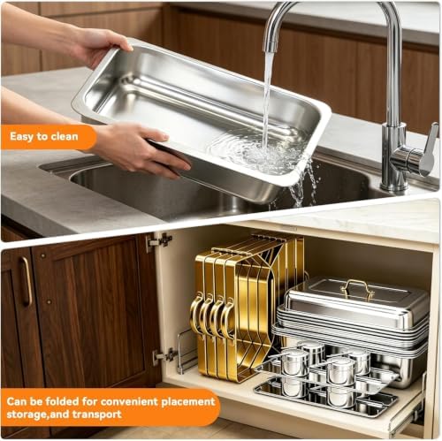 9QT Gold Rectangular Chafing Dishes Buffet, 7 Multi-Size Food Pan, 4Pack in Gold003, alternate view 6