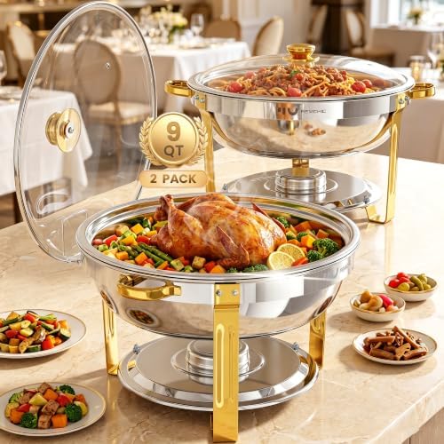 9QT Round Chafing Dishes for Buffet, 2 Pack Gold Chafer Set