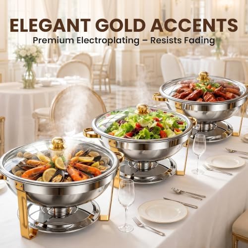 9QT Round Chafing Dishes for Buffet, 2 Pack Gold Chafer Set, alternate view 5