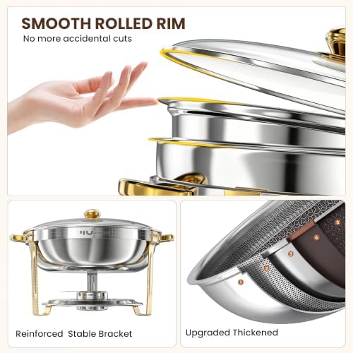 9QT Round Chafing Dishes for Buffet, 2 Pack Gold Chafer Set, alternate view 6