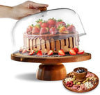 Acacia-Cake-Stand-with-Acrylic-Lid, 2-in-1 Wood Cake Holder Charcuterie Board with Cover, Round Cake Plate with