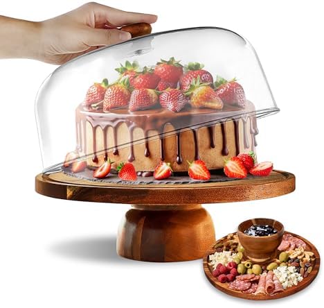 Acacia-Cake-Stand-with-Acrylic-Lid, 2-in-1 Wood Cake Holder Charcuterie Board with Cover, Round Cake Plate with