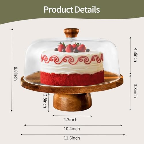 Acacia-Cake-Stand-with-Acrylic-Lid, 2-in-1 Wood Cake Holder Charcuterie Board with Cover, Round Cake Plate with, alternate