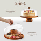 Acacia-Cake-Stand-with-Acrylic-Lid, 2-in-1 Wood Cake Holder Charcuterie Board with Cover, Round Cake Plate with, alternate