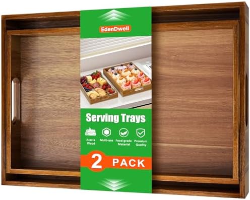 Acacia Serving Trays, Wooden Serving Tray with Handles- 2 Pack in Brown