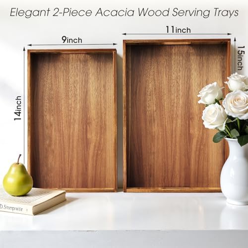 Acacia Serving Trays, Wooden Serving Tray with Handles- 2 Pack in Brown, alternate view 3