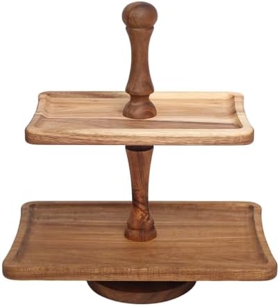 Acacia Wood 2 Tiered Serving Tray, Rectangular in Acacia Wood