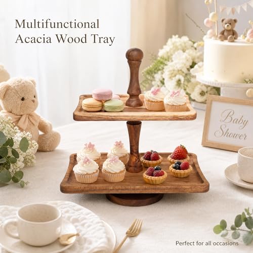 Acacia Wood 2 Tiered Serving Tray, Rectangular in Acacia Wood, alternate view 6