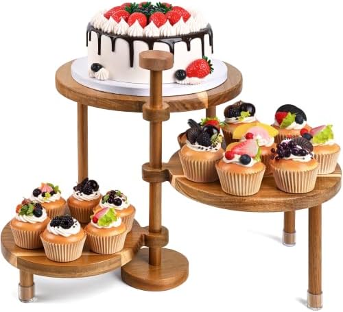 Acacia Wood 3 Tier Cupcake Stand, Serving Tray for Party, 360° Rotatable Tiered Tray Cake Stand Dessert Display