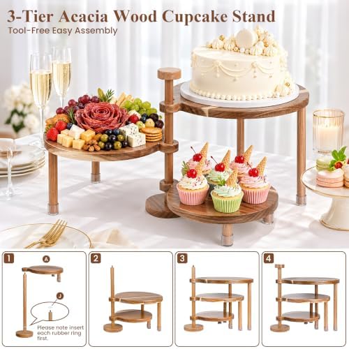 Acacia Wood 3 Tier Cupcake Stand, Serving Tray for Party, 360° Rotatable Tiered Tray Cake Stand Dessert Display, alternate