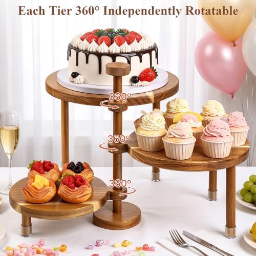 Acacia Wood 3 Tier Cupcake Stand, Serving Tray for Party, 360° Rotatable Tiered Tray Cake Stand Dessert Display, alternate
