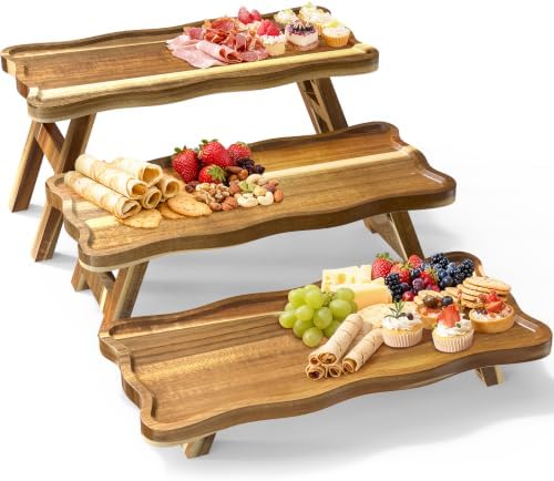 Acacia Wood 3 Tier Cupcake Stand, Serving Tray for Party, Foldable Dessert Table Display Set, Tiered Tray Decor