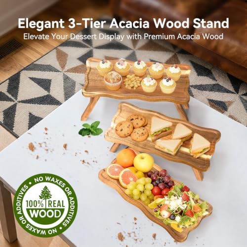 Acacia Wood 3 Tier Cupcake Stand, Serving Tray for Party, Foldable Dessert Table Display Set, Tiered Tray Decor, alternate