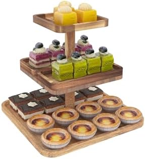 Acacia Wood 3 Tier Cupcake Stand with 2 Removable Snack Tray, Rustic Square Cup Cake Tower Stand for 25