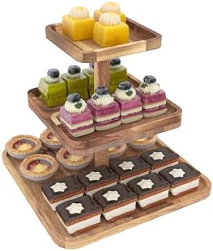 Acacia Wood 3 Tier Cupcake Stand with 2 Removable Snack Tray, Rustic Square Cup Cake Tower Stand for 25, alternate view 4