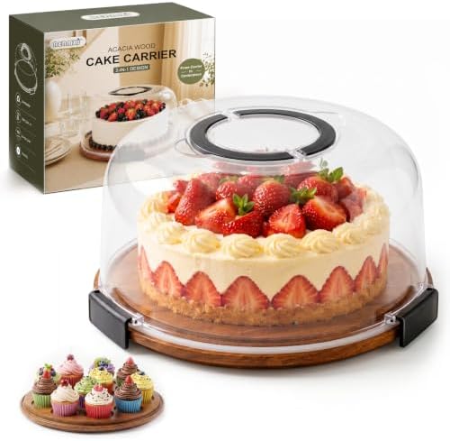 Acacia Wood Cake Carrier, Portable Cake Stand with Lid and Handle in Black