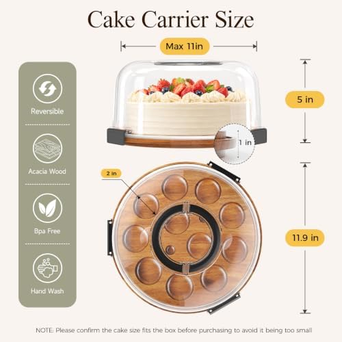 Acacia Wood Cake Carrier, Portable Cake Stand with Lid and Handle in Black, alternate view 2