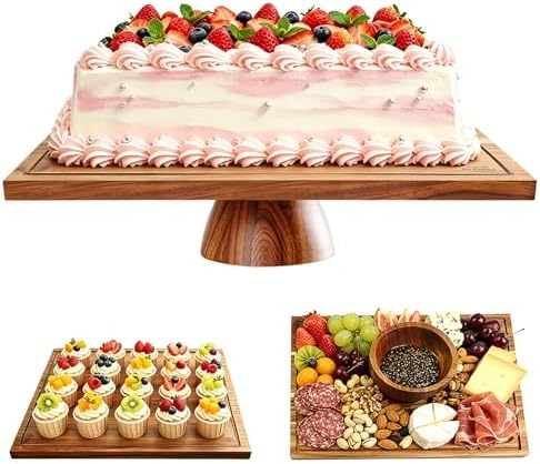 Acacia Wood Cake Stand, 17*13 Inch Square Cake Holder, Charcuterie Board with Dipping bowl, 2-in-1 Dessert Table