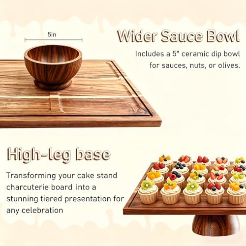Acacia Wood Cake Stand, 17*13 Inch Square Cake Holder, Charcuterie Board with Dipping bowl, 2-in-1 Dessert Table, alternate
