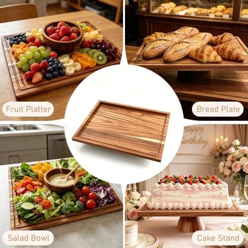 Acacia Wood Cake Stand, 17*13 Inch Square Cake Holder, Charcuterie Board with Dipping bowl, 2-in-1 Dessert Table, alternate