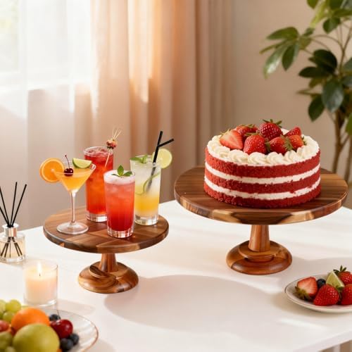 Acacia Wood Cake Stand, Round Cake Stands for Cupcake Plate (10 inch) in brown, alternate view 5