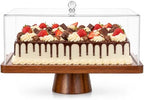 Acacia Wood Cake Stand with Acrylic Lid,2-in-1 Serving Tray, Dessert Display in brown