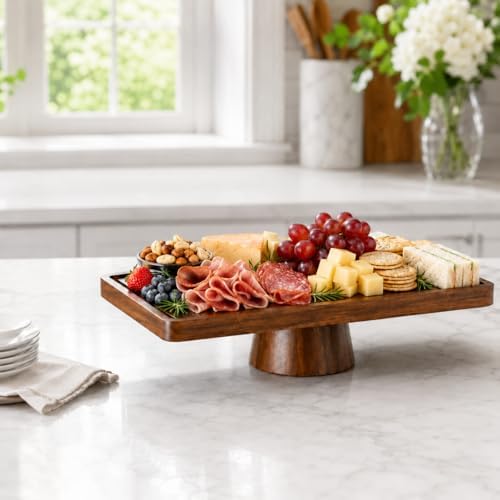 Acacia Wood Cake Stand with Acrylic Lid,2-in-1 Serving Tray, Dessert Display in brown, alternate view 2
