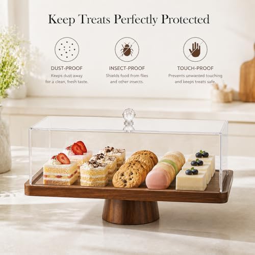Acacia Wood Cake Stand with Acrylic Lid,2-in-1 Serving Tray, Dessert Display in brown, alternate view 6