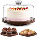 Acacia Wood Cake Stand with Glass Dome,11" Rotating Cake Stand for Desserts in Brown