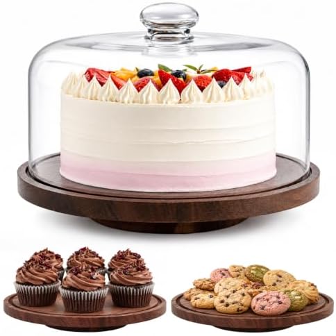 Acacia Wood Cake Stand with Glass Dome,11" Rotating Cake Stand for Desserts in Brown